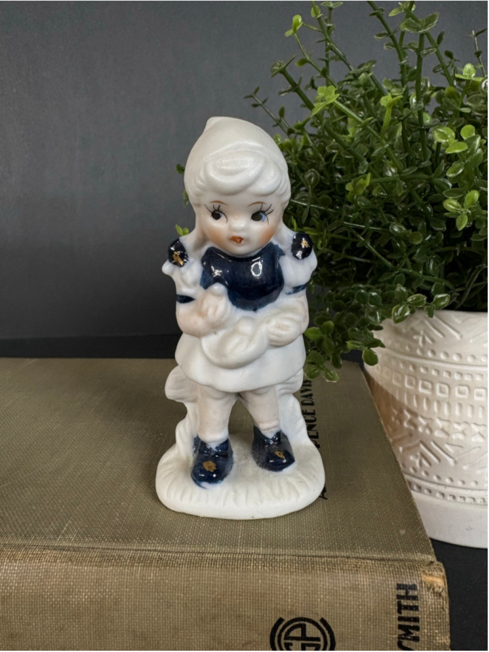 Vintage Delft Porcelain Girl Figurine Sculpture White Blue